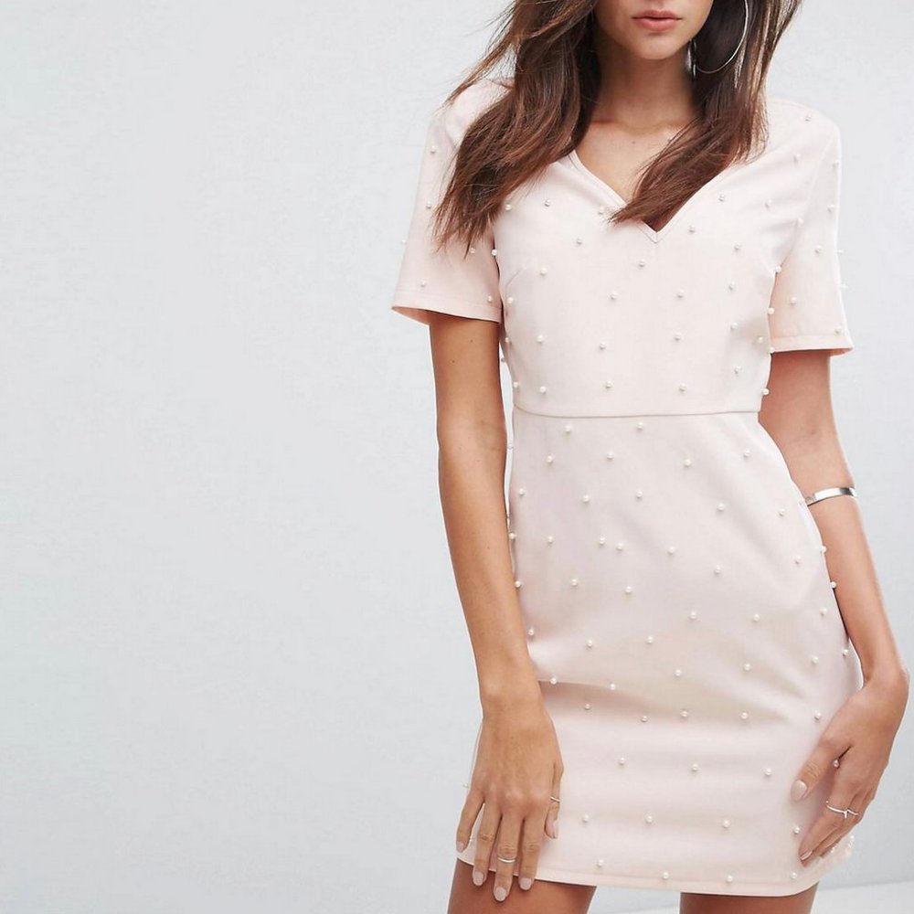 Asos Fashion Union V Neck Bodycon Dress With Pearl Embellishment